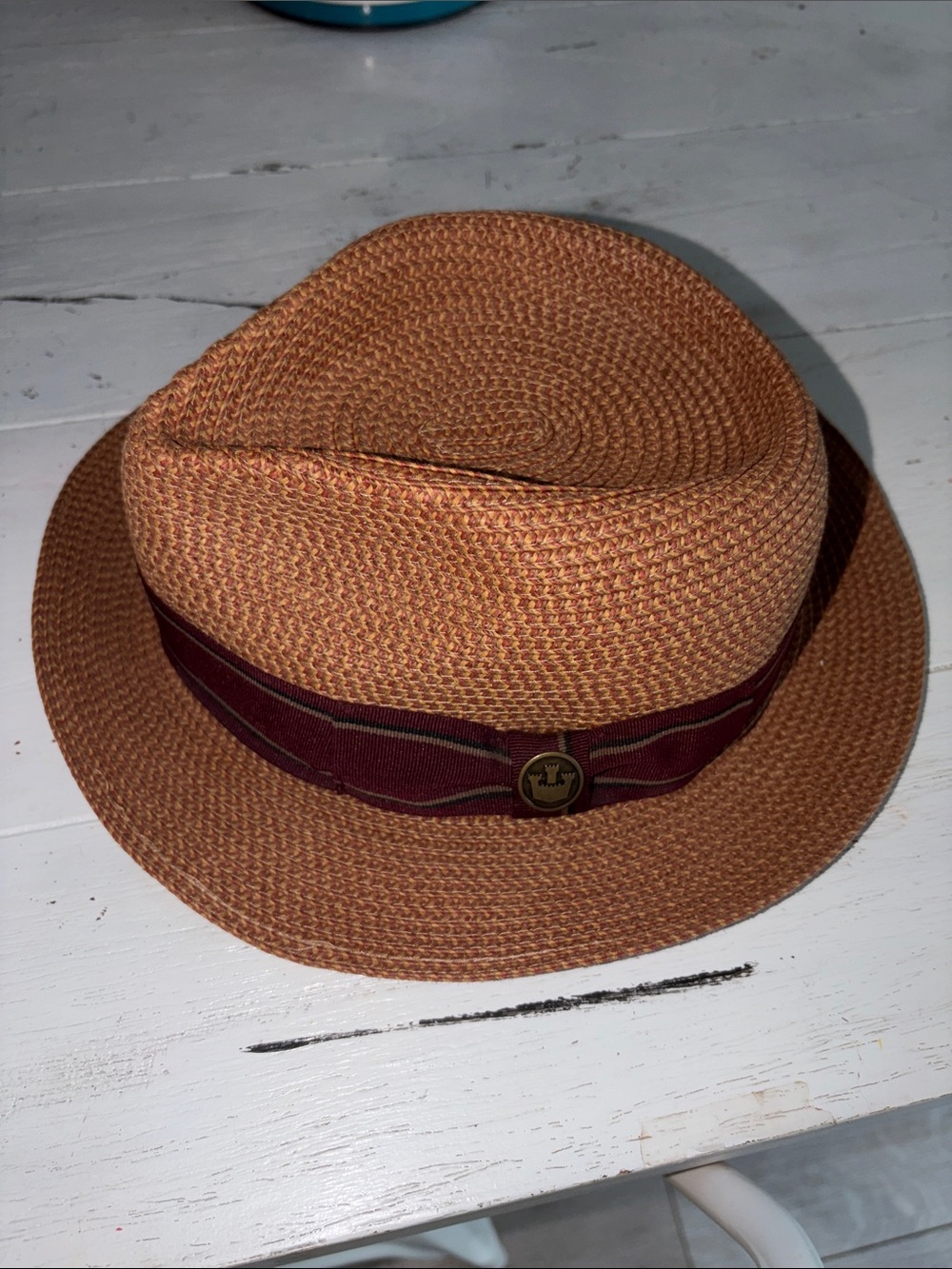 Goorin Bros  The Goorin straw hat tan burgundy tie style ribbon and logo side nw